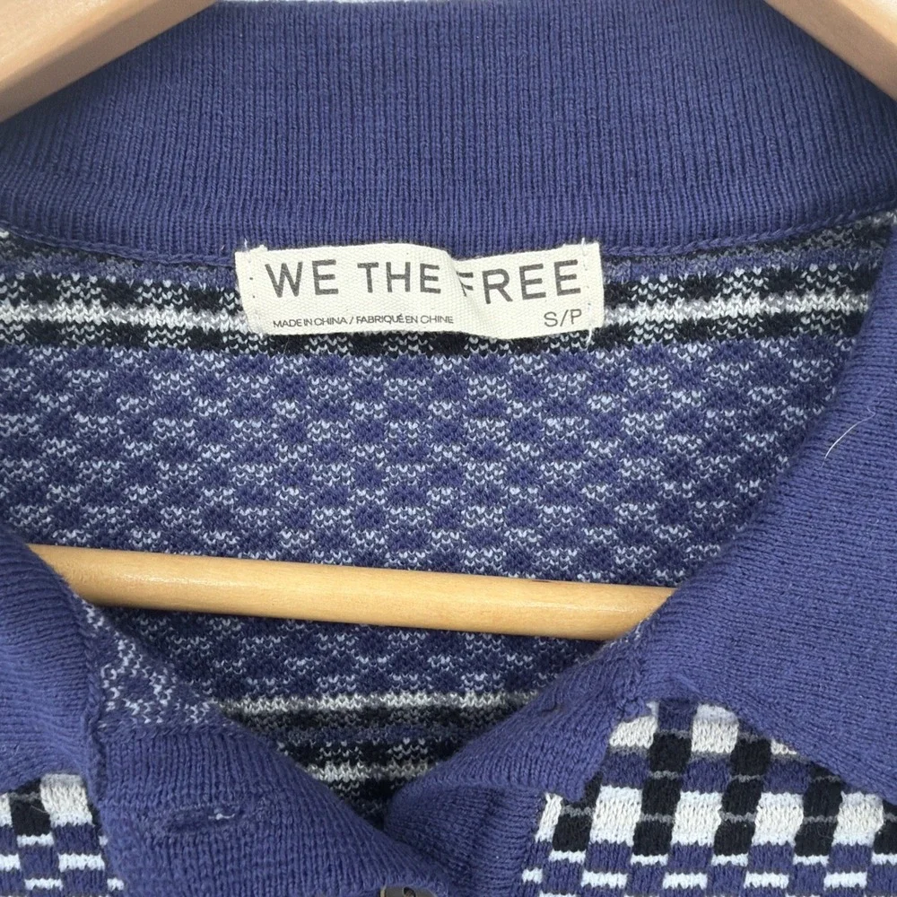 Free People we the free Level Up Top Polo Sz S Navy Combo Fitted Textured Knit